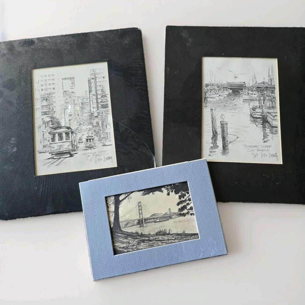 Vintage San Francisco Sketch Prints Set 3 Golden Gate Cable Car Wharf Pen